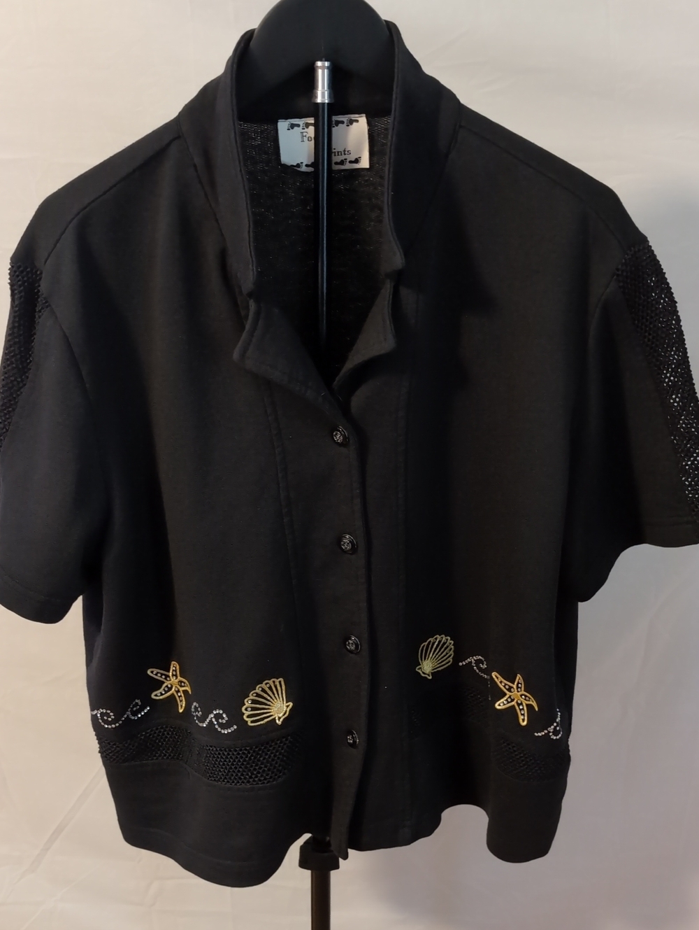 Vintage Foot Prints Embroidered Coastal Resort Shirt - Black Size M